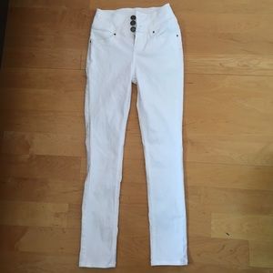 White High Waisted Button Skinny Jeans
